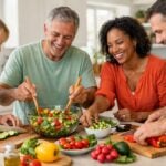 Un gruppo di adulti prepara un'insalata colorata in una cucina moderna e luminosa.