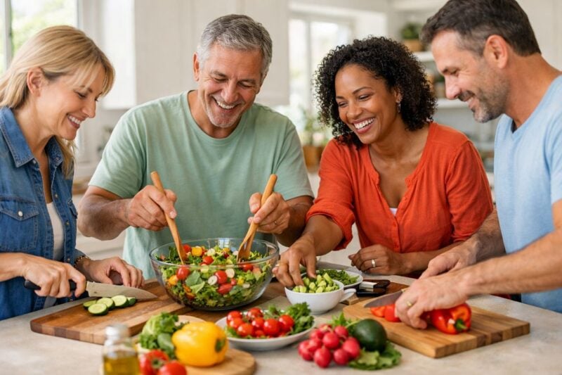 Un gruppo di adulti prepara un'insalata colorata in una cucina moderna e luminosa.