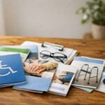 Un assortimento di documenti di assistenza per disabilità disposto su un tavolo in legno.