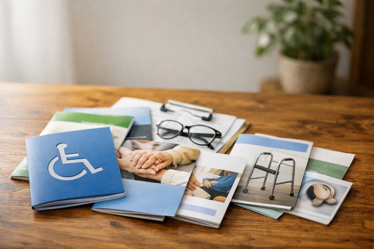 Un assortimento di documenti di assistenza per disabilità disposto su un tavolo in legno.