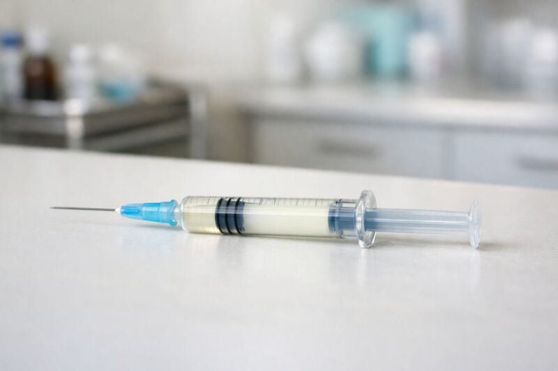 Siringa con medicazione iniettabile a lunga durata su una superficie pulita in un ambiente clinico neutro.