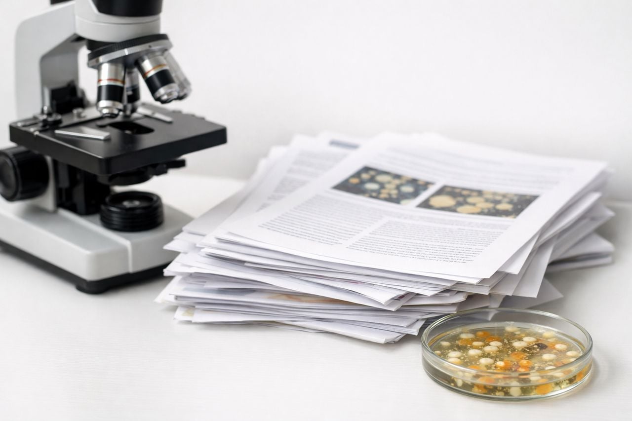 Una pila di documenti di ricerca aperti su microbiota probiotico su uno sfondo bianco neutro.
