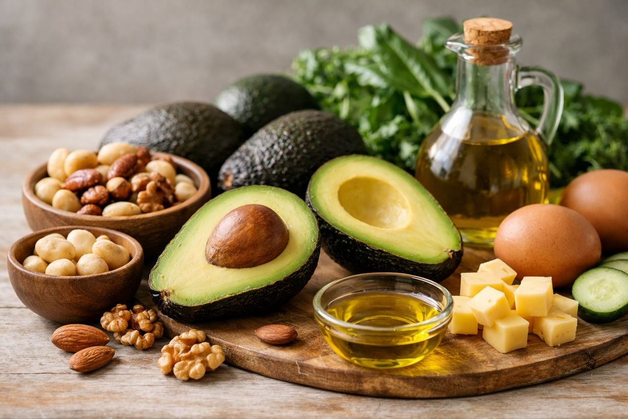 Un assortimento di ingredienti della dieta chetogenica come avocado, noci e olio d'oliva su sfondo neutro.