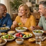 Gruppo di adulti sorridenti che condividono un pasto salutare a tavola in una sala da pranzo accogliente