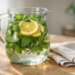 Una brocca di vetro trasparente con infusioni fredde di erbe fresche su un tavolo di legno neutro.
