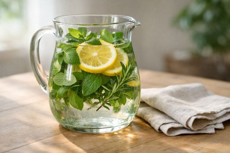 Una brocca di vetro trasparente con infusioni fredde di erbe fresche su un tavolo di legno neutro.