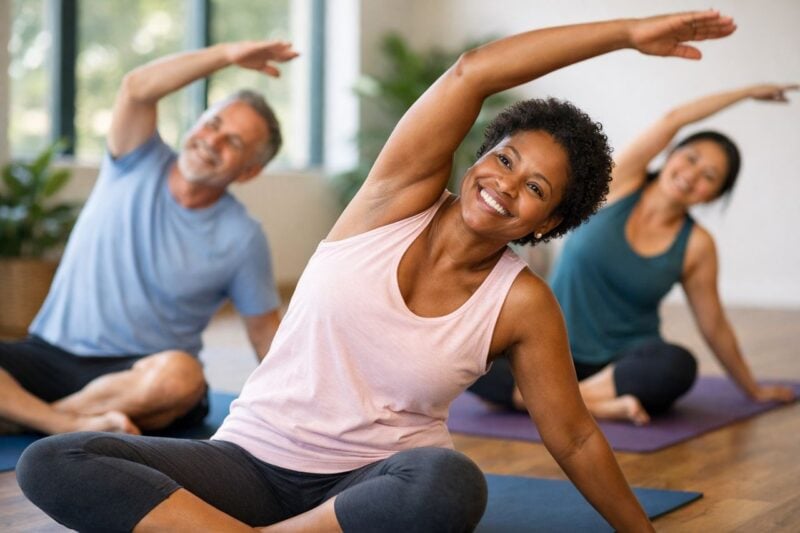 Un gruppo di adulti sorridenti partecipa a una sessione di yoga in un studio luminoso.