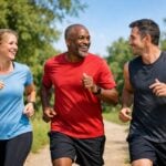 Gruppo di adulti che corrono sorridendo su un sentiero in un parco verde