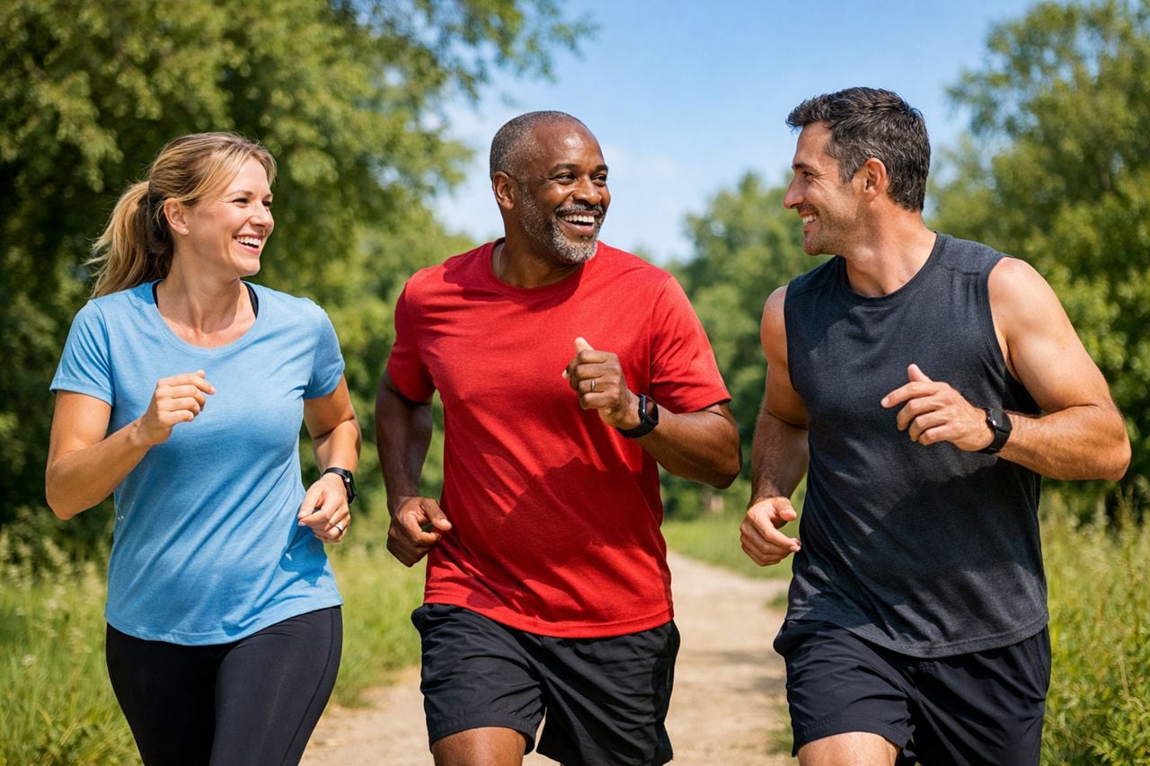Gruppo di adulti che corrono sorridendo su un sentiero in un parco verde