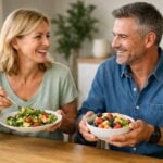Due adulti sorridenti che gustano un pasto sano insieme in una sala da pranzo moderna.