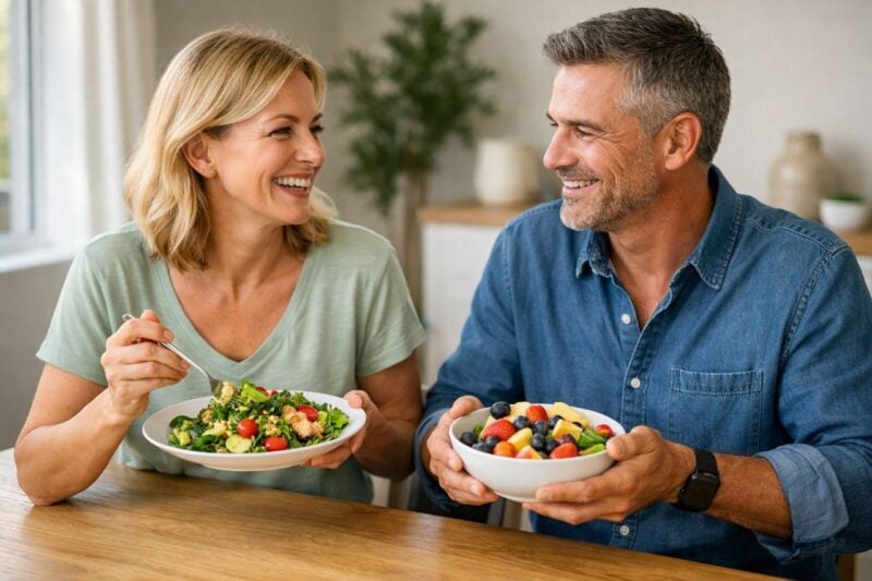 Due adulti sorridenti che gustano un pasto sano insieme in una sala da pranzo moderna.