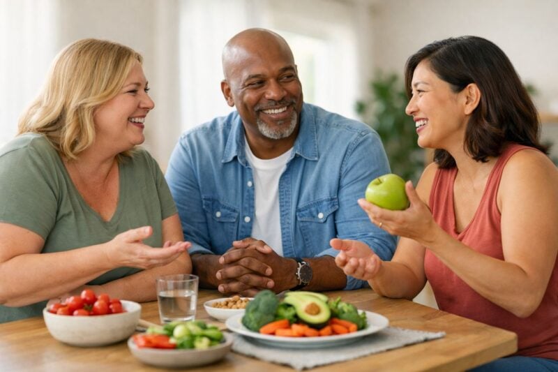 Un gruppo di adulti sorridenti discute di salute e nutrizione in un ambiente luminoso e neutro.