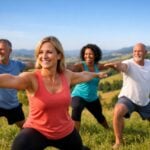 Un gruppo di adulti sorridenti mentre praticano yoga su una collina erbosa.