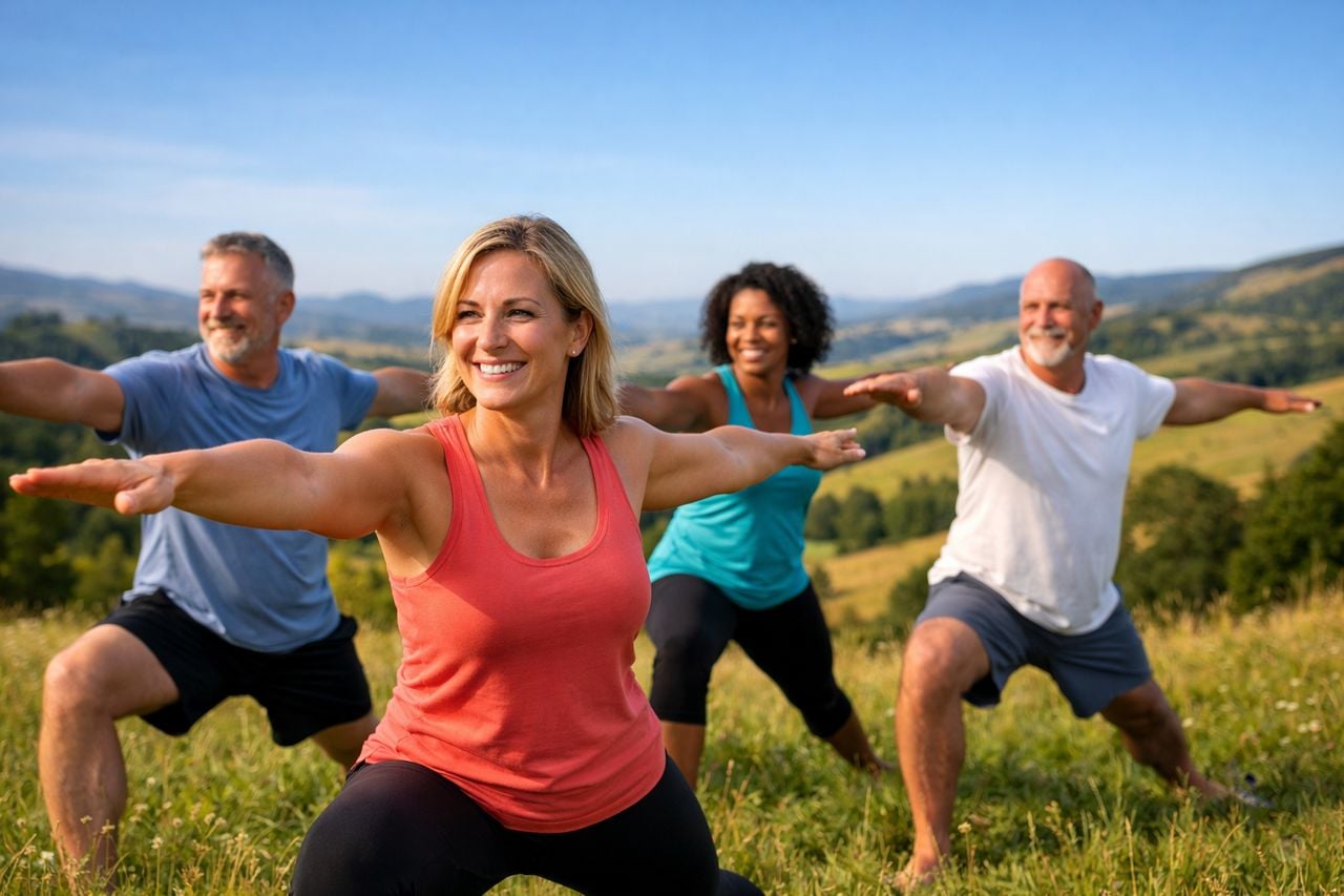 Un gruppo di adulti sorridenti mentre praticano yoga su una collina erbosa.