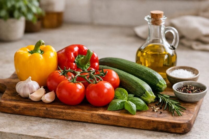 Collezione di verdure fresche su un tagliere di legno in una cucina invitante.