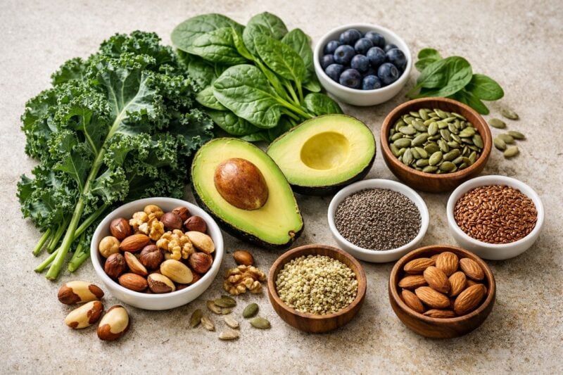Disposizione di ingredienti alimentari per la salute della pelle su una superficie neutra.