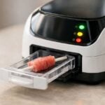 Dispositivo di test per la sicurezza alimentare in primo piano su sfondo neutro.