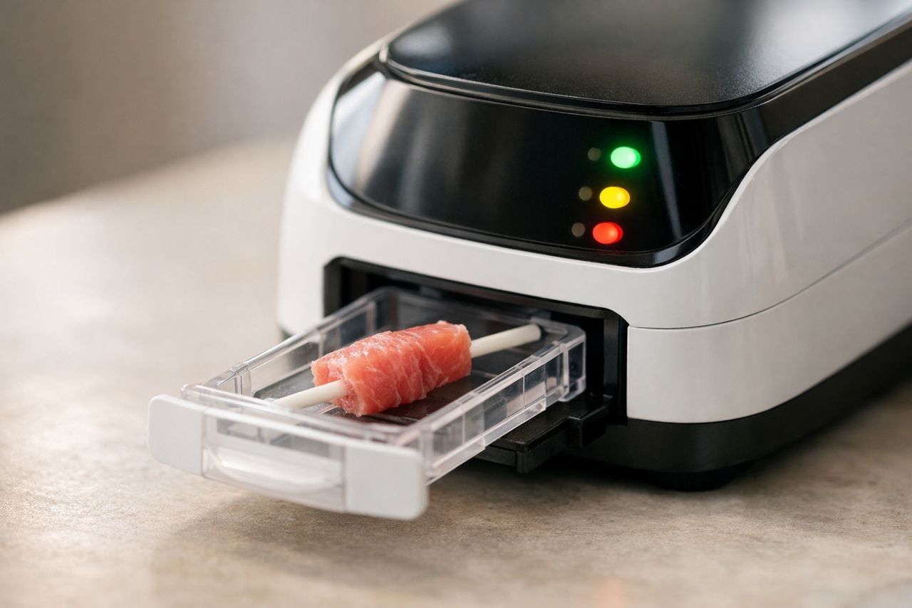 Dispositivo di test per la sicurezza alimentare in primo piano su sfondo neutro.