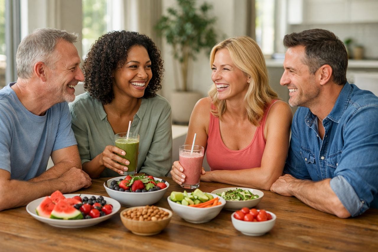 Gruppo di adulti sorridenti attorno a un tavolo con opzioni di cibo sano come frutta, noci e frullati.