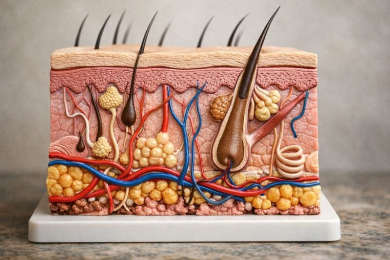 Modello anatomico della pelle che mostra i diversi strati e textures.