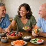 Tre adulti sorridenti condividono frutta colorata e spuntini sani attorno a un tavolo di legno.