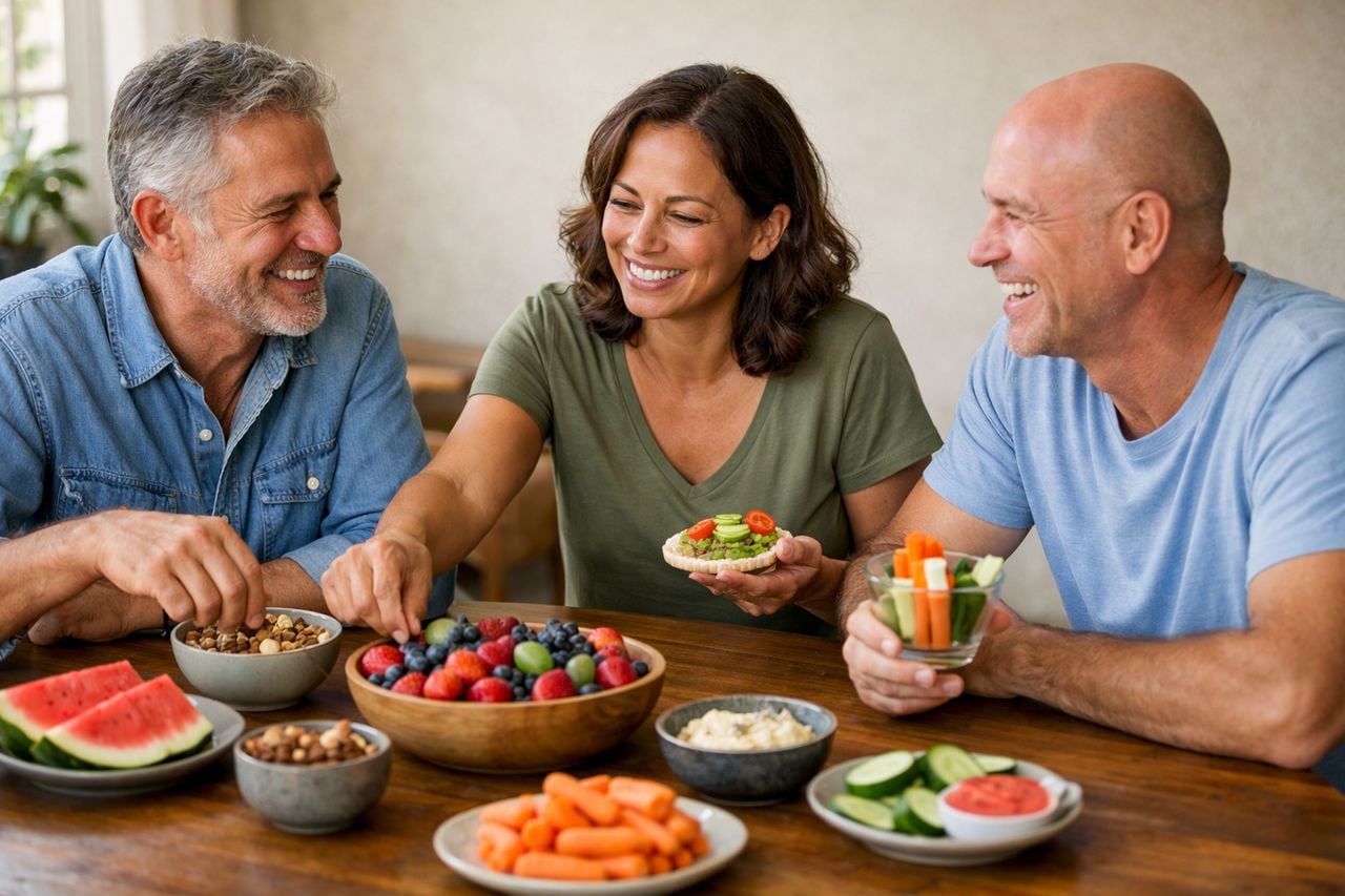 Tre adulti sorridenti condividono frutta colorata e spuntini sani attorno a un tavolo di legno.