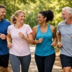 Un gruppo di quattro adulti sorridenti mentre fanno jogging insieme su un sentiero nel bosco.