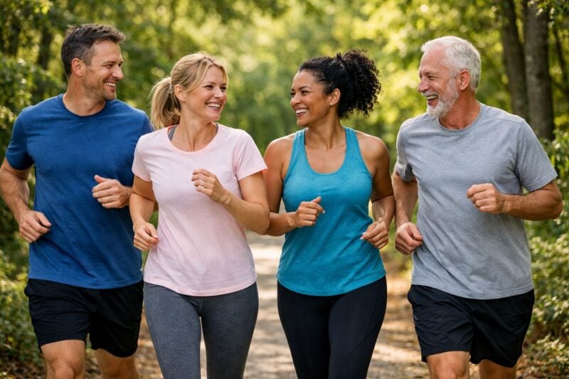 Un gruppo di quattro adulti sorridenti mentre fanno jogging insieme su un sentiero nel bosco.