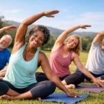 Un gruppo diversificato di adulti sorridenti che partecipa a una sessione di yoga all'aperto in un parco.