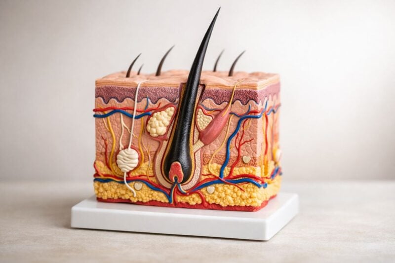 Modello anatomico di un follicolo pilifero su sfondo neutro.