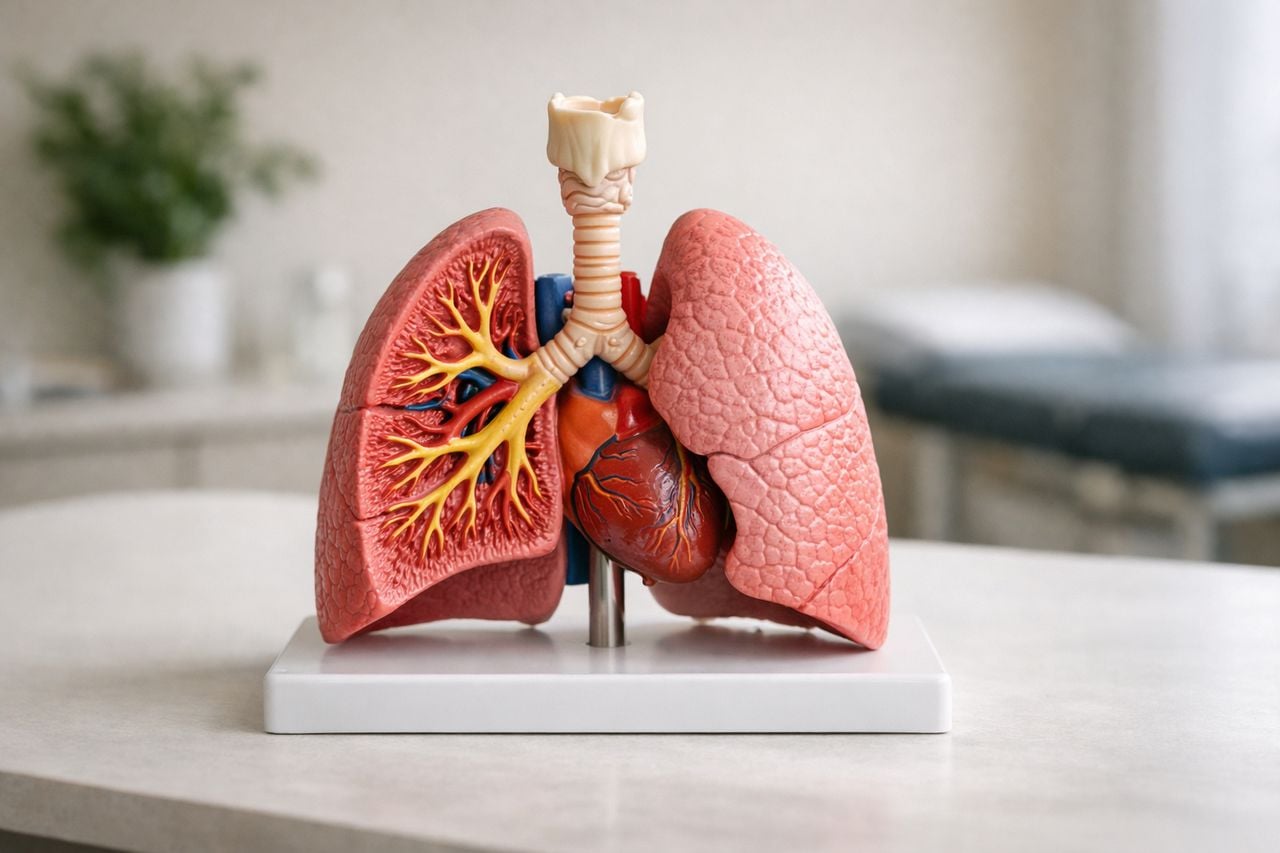 Modello anatomico dei polmoni su un tavolo in una clinica neutra