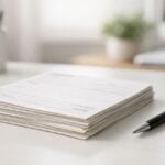 Una pila di documenti prescrittivi neutri con una penna accanto su una scrivania di un clinic.