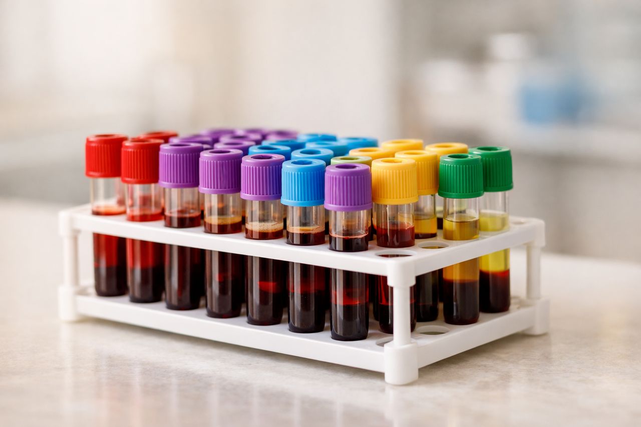 Collezione di provette per campioni di sangue in un ambiente clinico pulito e neutro.