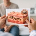 Un dottore tiene un diagramma medico della pelle colpita dalla scabbia in un ambiente clinico neutro.
