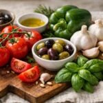 Un assortimento di ingredienti freschi della dieta mediterranea su un tagliere di legno.