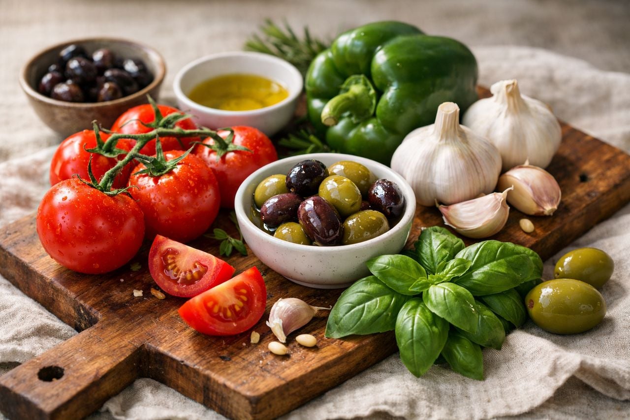 Un assortimento di ingredienti freschi della dieta mediterranea su un tagliere di legno.