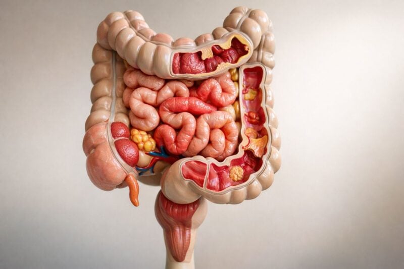 Un modello anatomico dell'intestino in primo piano su uno sfondo neutro.