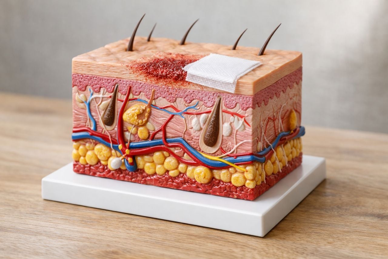 Modello anatomico dei strati della pelle che mostra i dettagli per il trattamento dell'abrasione.