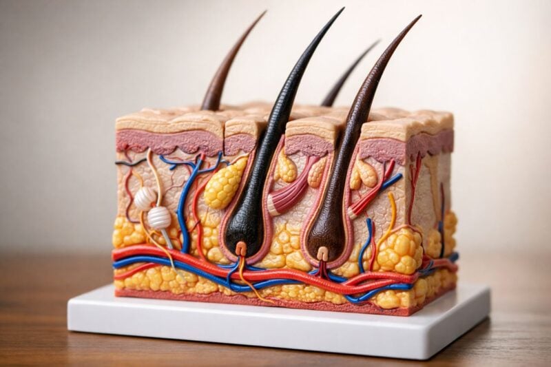 Modello anatomico dei follicoli piliferi su sfondo neutro.