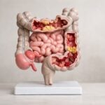 Modello anatomico dell'intestino su una superficie pulita e neutra
