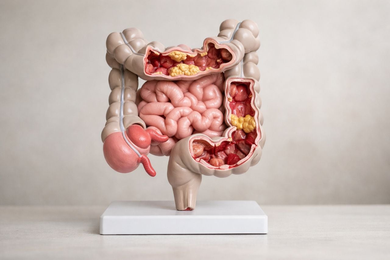 Modello anatomico dell'intestino su una superficie pulita e neutra
