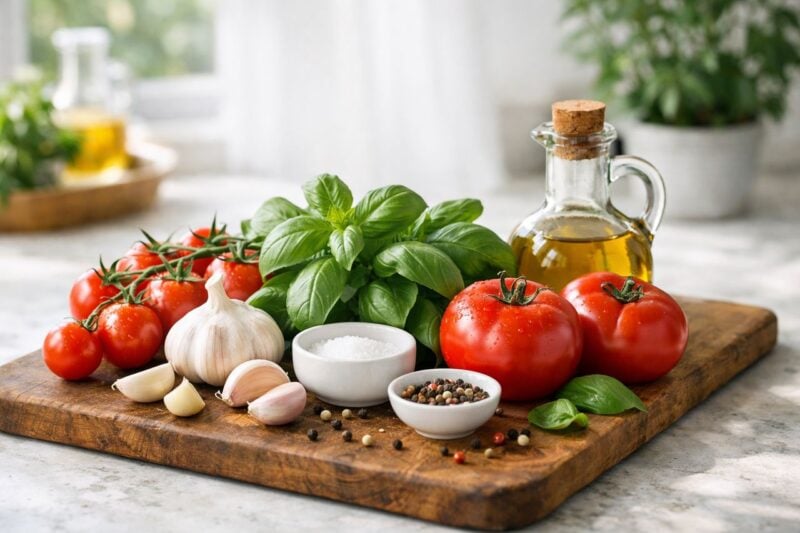 Ingredienti freschi assortiti tra cui pomodori, basilico, aglio e olio d'oliva disposti su un tagliere di legno