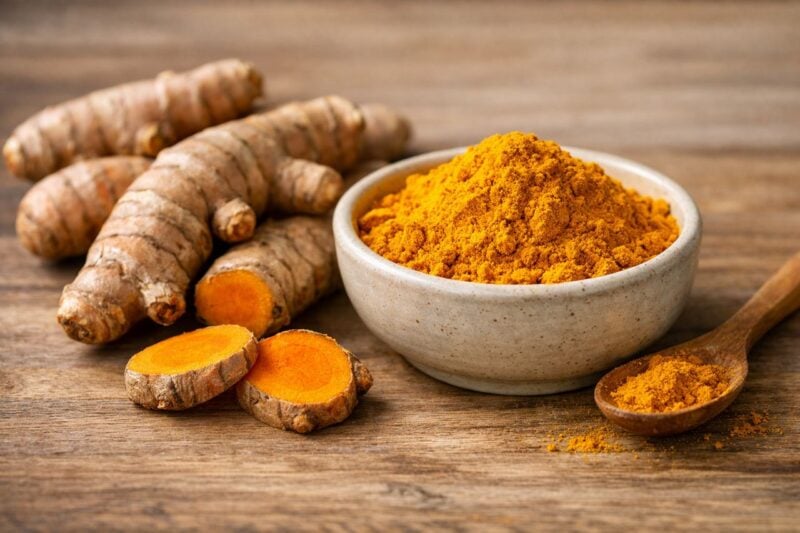 Radice di curcuma fresca e spezia in polvere in una ciotola di ceramica su superficie di legno.