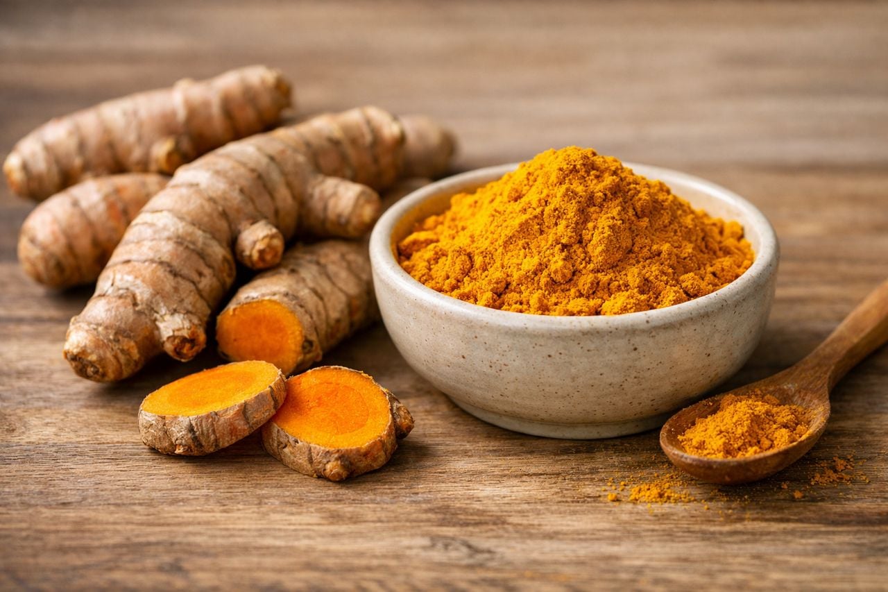 Radice di curcuma fresca e spezia in polvere in una ciotola di ceramica su superficie di legno.
