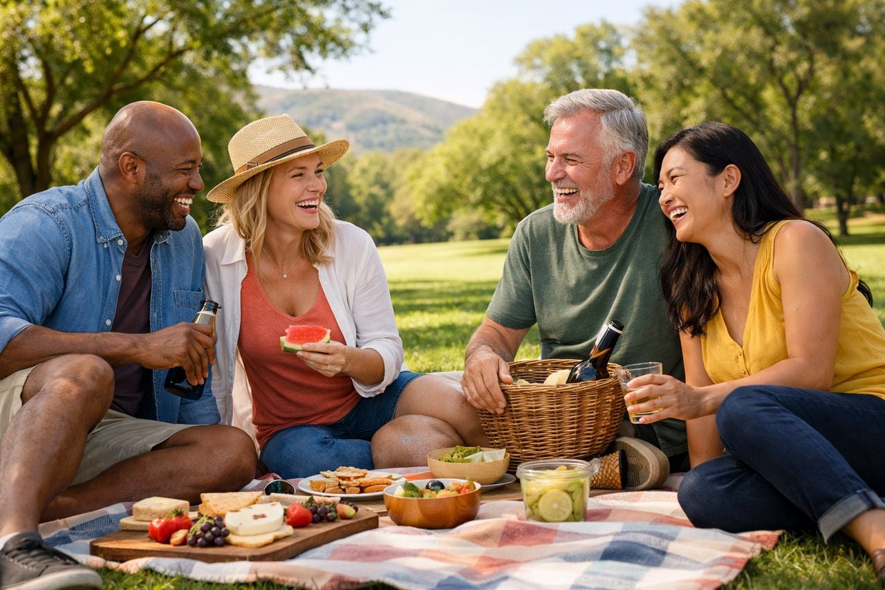 Gruppo di adulti sorridenti che si godono un picnic in un parco soleggiato.