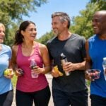 Un gruppo di adulti sorridenti corre insieme in un parco soleggiato con cibo sano nelle mani.