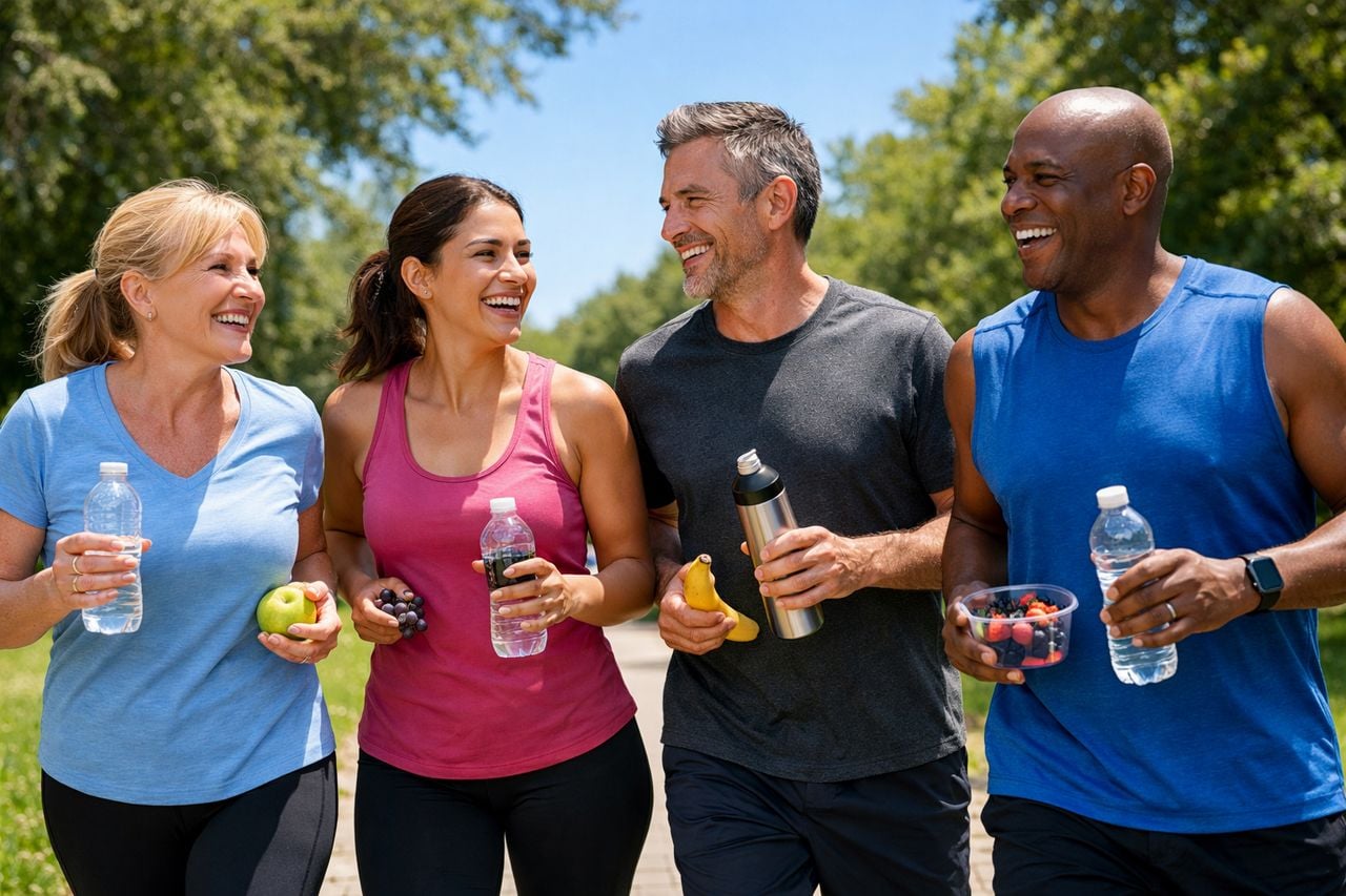 Un gruppo di adulti sorridenti corre insieme in un parco soleggiato con cibo sano nelle mani.
