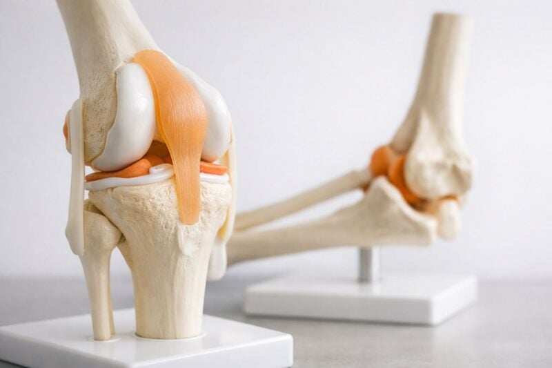 Modello anatomico di articolazioni umane con focus sulle ginocchia e gomiti su sfondo neutro.