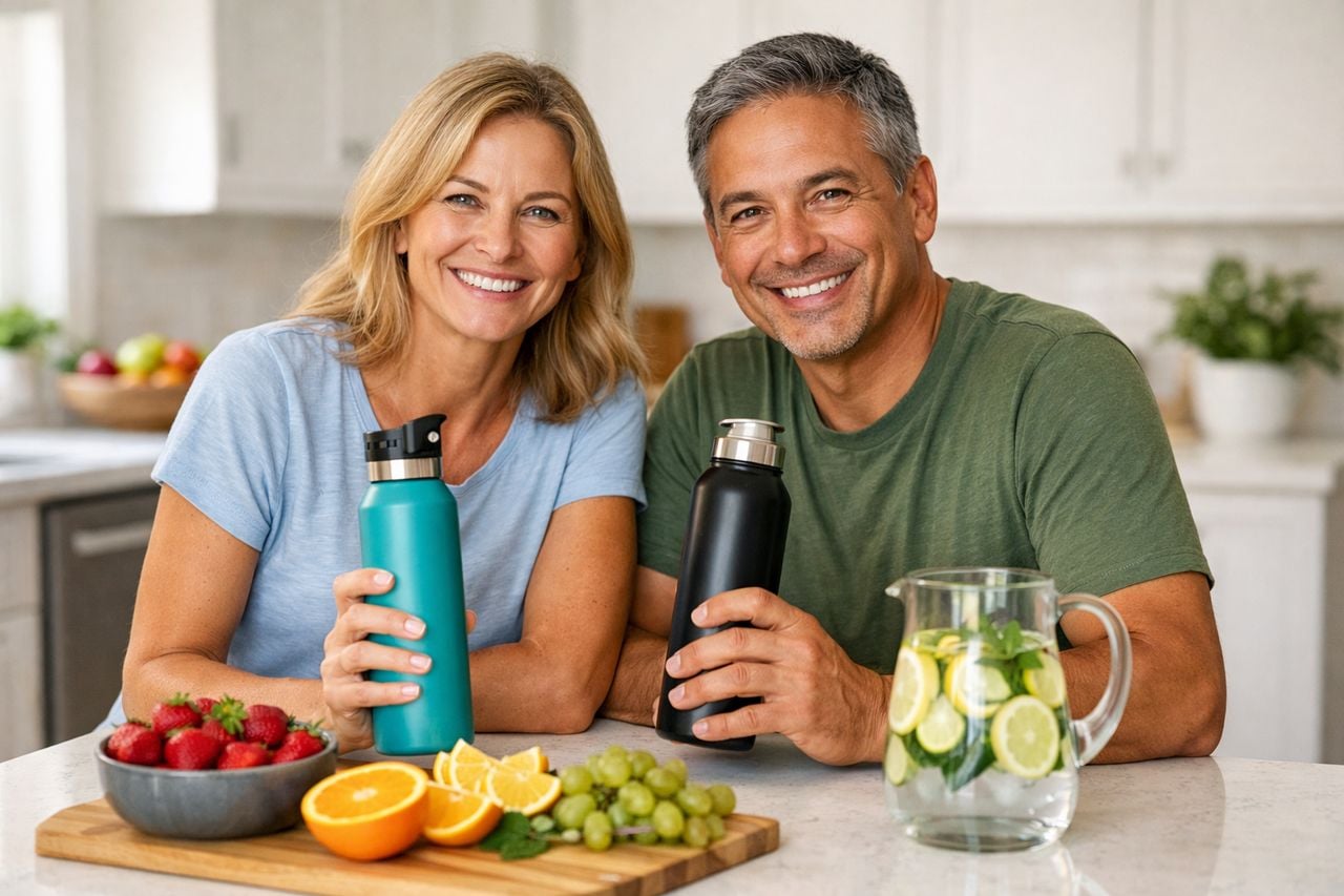 Due adulti sorridenti con bottiglie d'acqua riutilizzabili e frutta fresca su un tavolo in cucina.