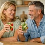 Due adulti sorridenti gustano acqua infusa con frutta e erbe in una cucina semplice e accogliente.